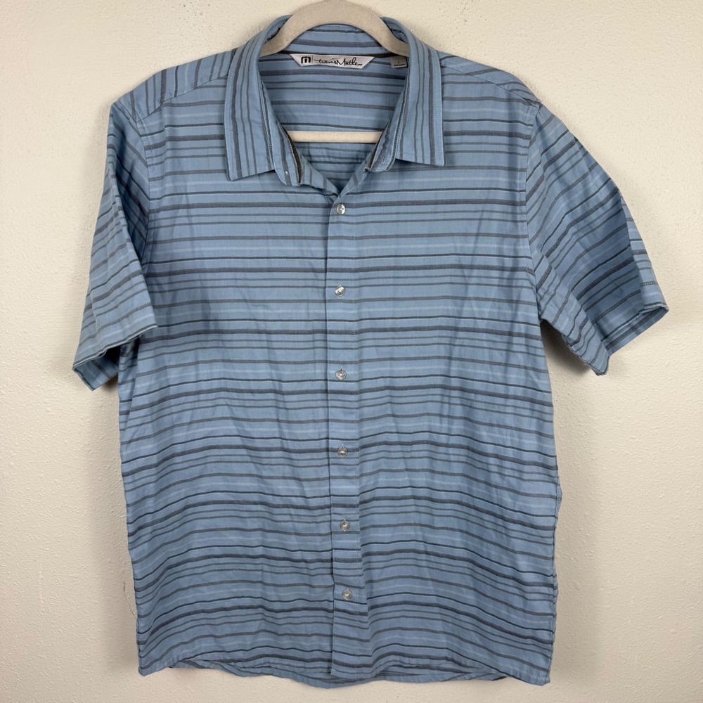 Travis Mathew Mens Blue Striped Short Sleeve Button Up Shirt Size Large L‎ Golf